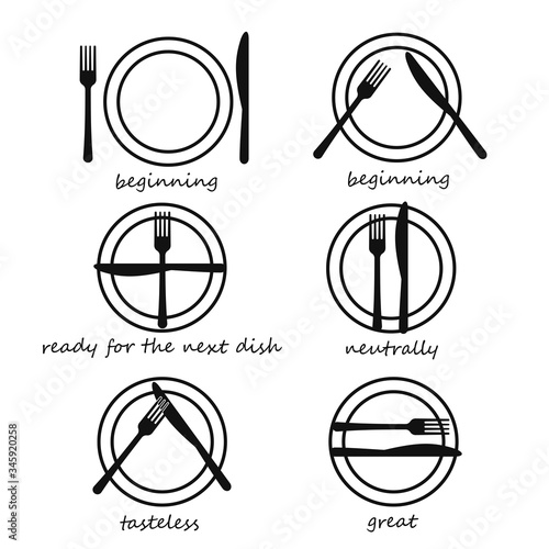 a linear black-and-white drawing shows the different positions of knives and forks during lunch or dinner.
the inscriptions explain what this means. stock vector illustration. EPS 10.