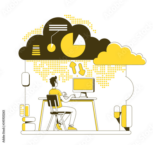 Cloud computing thin line concept vector illustration. Online data storage user 2D cartoon character for web design. Remote information access. Web hosting service, wireless technology creative idea