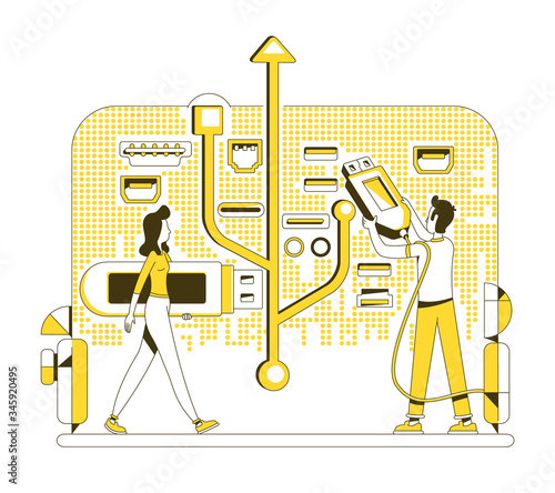 USB memory stick thin line concept vector illustration. People with thumb drives 2D cartoon characters for web design. Flash drive, computer accessory. Portable data storage device creative idea