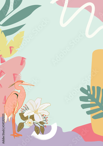 Abstract summer background for notes. Flora and fauna illustration. Brush strokes and trendy abstract shapes.