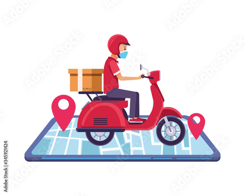 smartphone with delivery worker using face mask in motorcycle