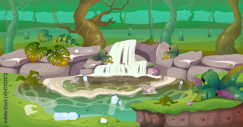 Plastic pollution flat color vector illustration. Industrial damage to wild environment. Trash and waste in water. Cut trees in rainforest. Tropical 2D cartoon landscape with greenery on background