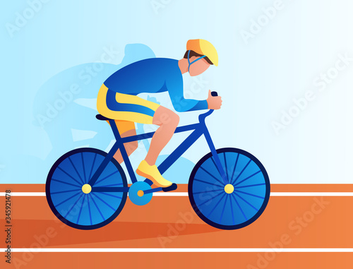a man rides a Bicycle on the track in full equipment. Competition, championship, victory. Cycling in the city, recreation, transport. Vector illustration.