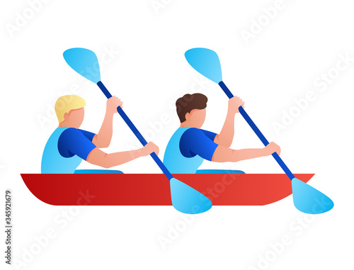 paddlers on kayaks float on the river with oars. Team sports competition, championship. Vector illustration