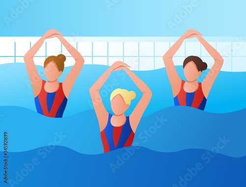 girls are engaged in synchronized swimming in the pool. Team competition, the championship. Water gymnastics. Vector illustration