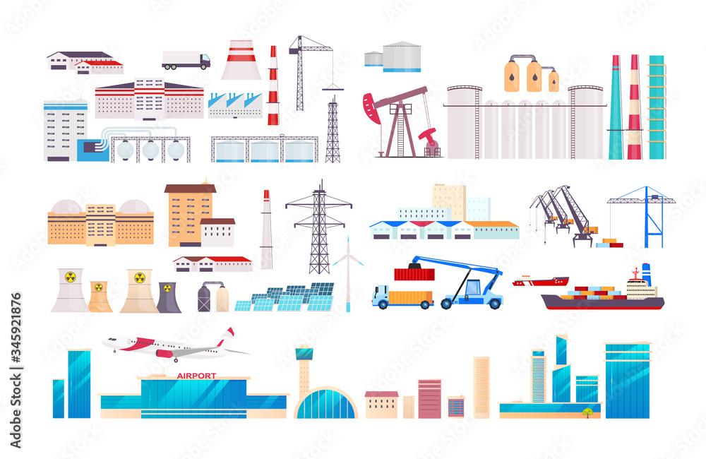 Factory cartoon vector objects set. Industrial machinery and equipment constructor. Airport flat color illustrations collection. Manufactory buildings isolated pack on white background