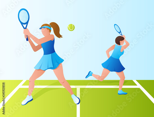  tennis players play with rackets on the court. championship, training. Vector illustration. Winning the sports team competition © Anastasiia Trembach