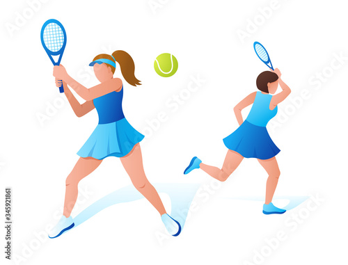  tennis players play with rackets on the court. championship, training. Vector illustration. Winning the sports team competition