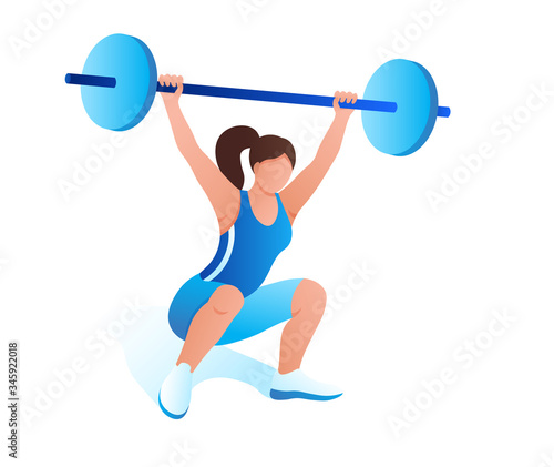 a girl in a sports uniform is engaged in weightlifting with a barbell. Toned figure, strength exercises in the gym and at home, training. Vector illustration