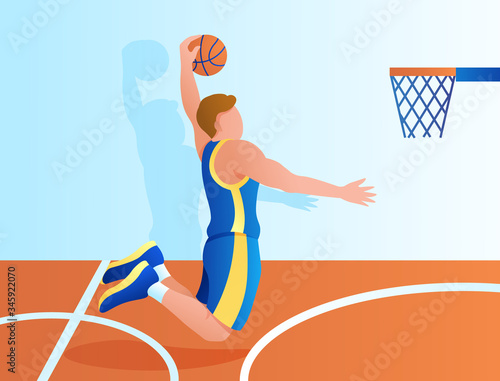 a basketball player throws a ball into the basket in the gym. Team competition, winning the championship. Vector illustration