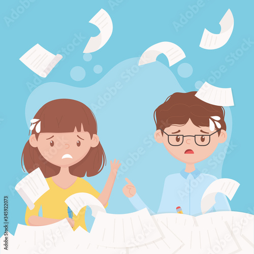 stress at work, falling papers worried employees working