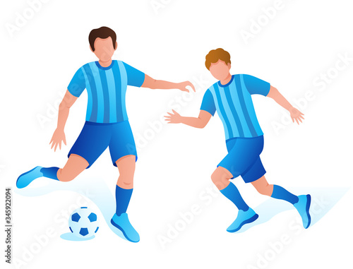 football players play with the ball on the field. Team competition, the championship. The striker gives a pass. Vector illustration.