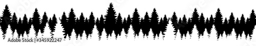 Coniferous forest black silhouette seamless border. Wild landscape monochrome vector illustration. Fir trees with reflection in water decorative ornament design. Woodland scenery repeating pattern