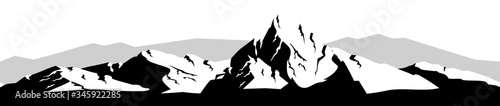 Mountain landscape black silhouette seamless border. Snowy peak monochrome vector illustration. Snow rock decorative ornament design. Wild nature scenery repeating pattern