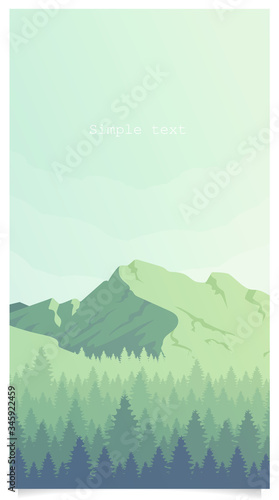 Mountain and woodland landscape flat color vector background with text space. Hills and coniferous forest scenery social media stories mockup. Peaceful nature view web banner template