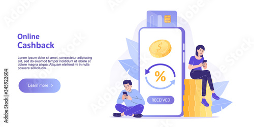 Online cashback concept. Happy people receiving cashback for a buyer. Online banking. Saving money. Money refund. Reward. Landing page template for web banner. Modern isolated vector illustration