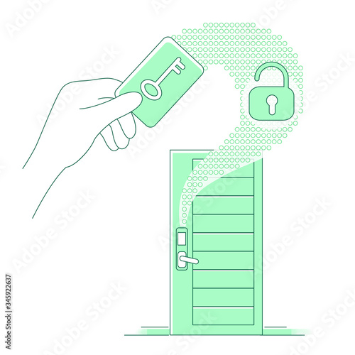 Plastic keycard and keyless lock thin line concept vector illustration. Person using electronic key 2D cartoon character for web design. Home security system, dwelling protection creative idea