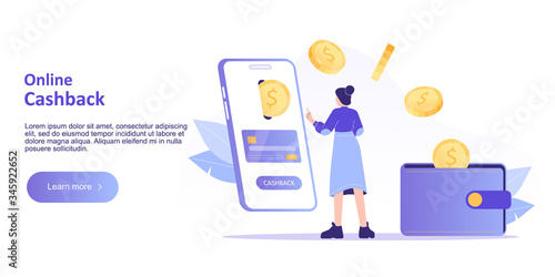 Online cashback concept. Happy woman receiving cashback for a buyer. Online banking. Saving money. Money refund. Reward. Landing page template for web banner. Modern isolated vector illustration