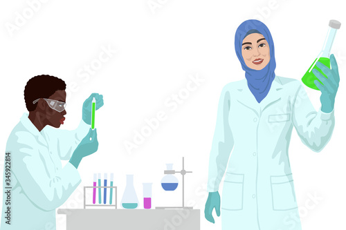 Arabian and african women scientist in lab. Vaccine research concept.