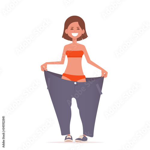 Slim woman in oversized jeans shows her weight loss. Vector flat isolated on white background