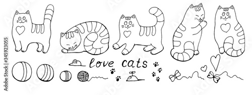 Set of cats and doodle elements: mice, hearts, footprints, balls, ball of yarn, lettering love cats. Outline, isolated on white background.