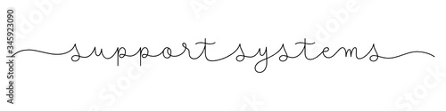 SUPPORT SYSTEMS black vector monoline calligraphy banner with swashes
