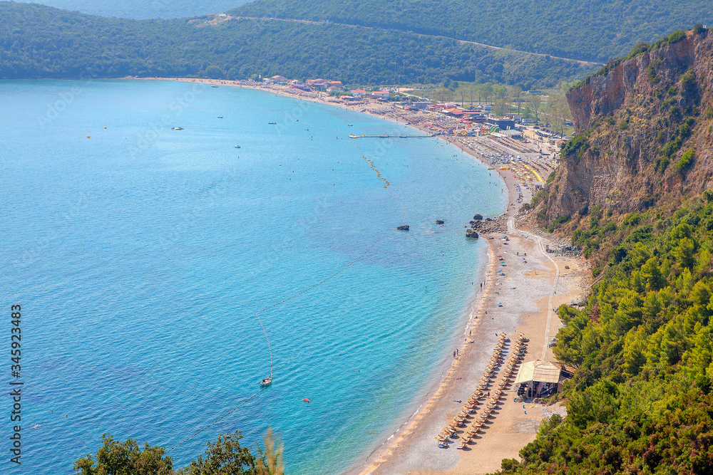 Aerial view of Adriatic Sea coast , Famous Jaz Beach in Montenegro