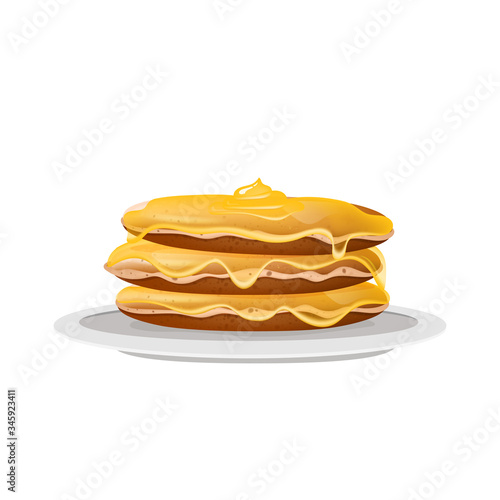 Pancakes with honey, dessert on white plate realistic vector illustration. Served American breakfast, flour confection. Fresh flapjacks with syrup 3d isolated object on white background