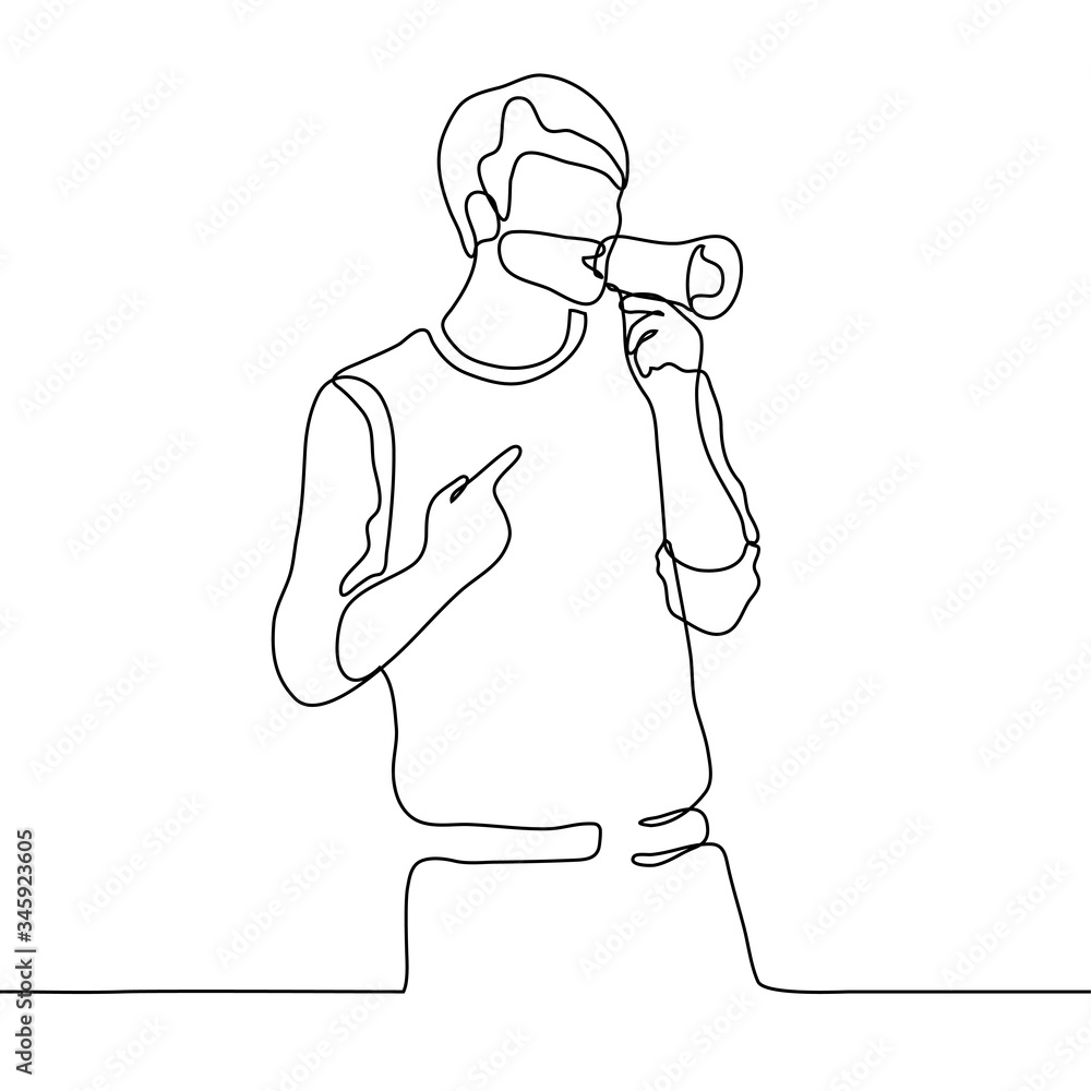 A young man speaks into a loudspeaker (speaker). The male speaker gestures with his index finger in his other hand, he holds the speaker. Can be used for animation. A young man speaks into a loudspeaker (speaker). The male speaker gestures with his index finger in his other hand, he holds the speaker. Can be used for animation.