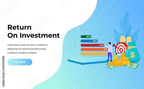 ROI concept, Return on investment, people managing financial chart, profit income, Money Bag And Pile Of Coins. Suitable for web landing page, ui, mobile app, banner template. Vector Illustration.