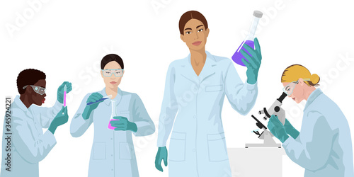 European, african, asian, indian women scientist in lab. Vaccine research concept.