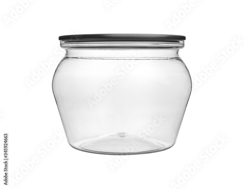 Empty transparent PET can jar for canning and preserving isolated on white background.
