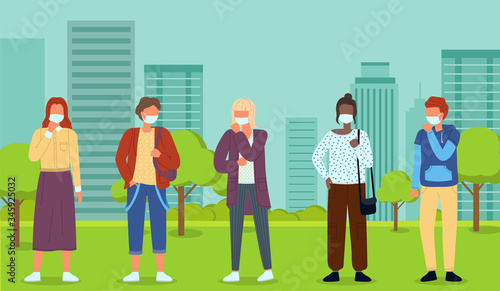 Group of young multinational people in medical masks at background of city park. Concept of viral epidemic. Set of characters in protection masks at the distance. Vector illustration in flat style