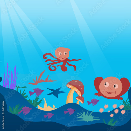 Hand drawn landscape illustration in sea life background.sea landscape illustration drawing