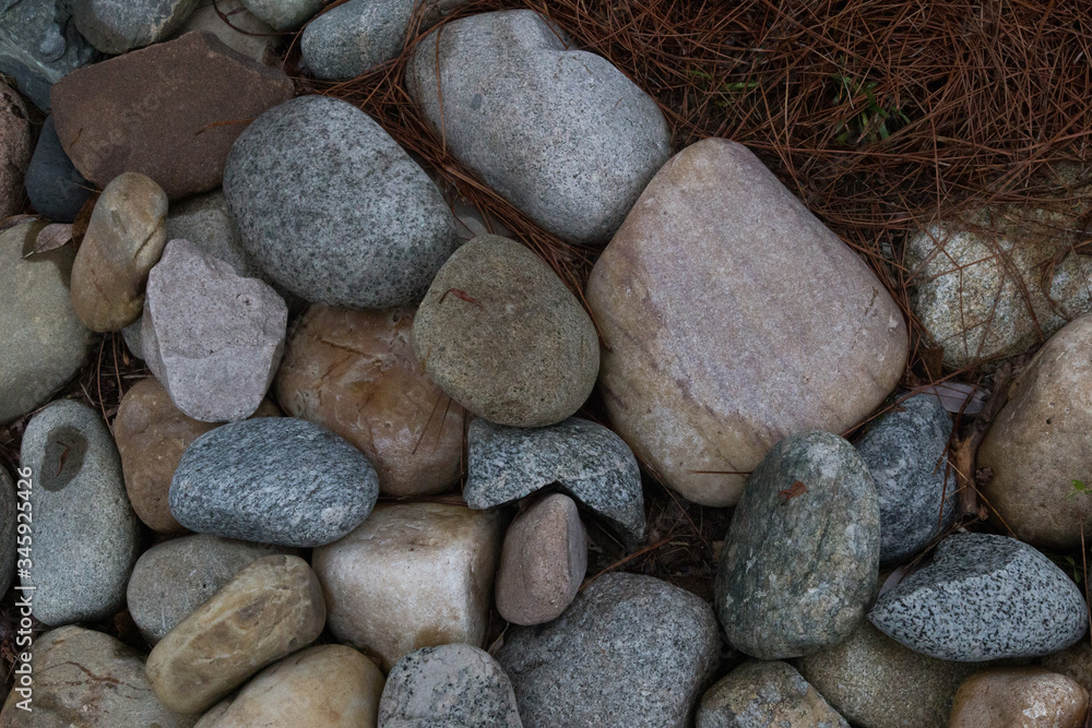 Pebbles and rocks as a background with detail of pine needles. Pebbles and rocks as a background with detail of pine needles.