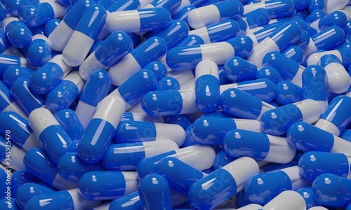 Tableau sur toile Realistic 3D rendering of a pile or group of many blue and white two piece capsules or pills
