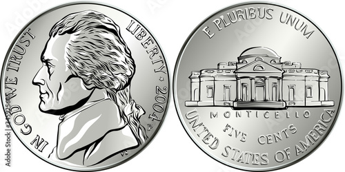Jefferson nickel, American money, USA five-cent coin with US third President Thomas Jefferson on obverse and his house Monticello on reverse photo