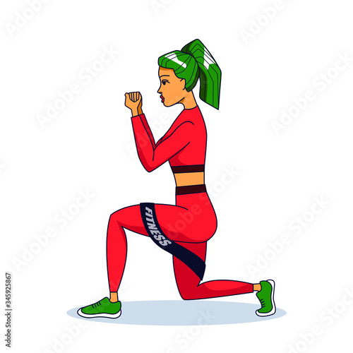 woman working out with resistance band loop. Exercises for legs and buttocks. strength training routine at home or in gym. fitness equipment. isolated vector illustration on white