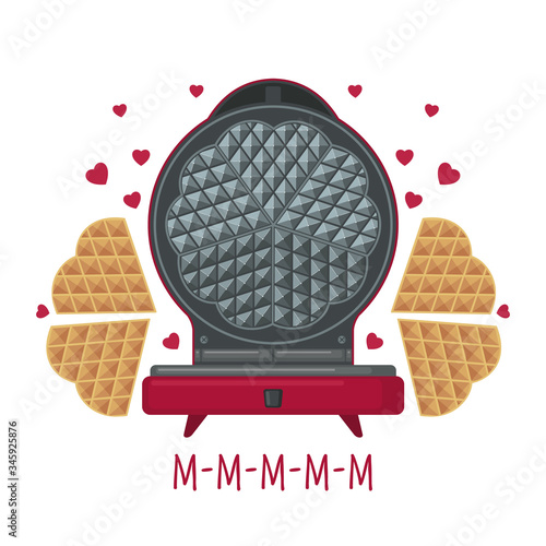 Waffle iron with waffles in the shape of hearts in a cartoon style isolated on white background.