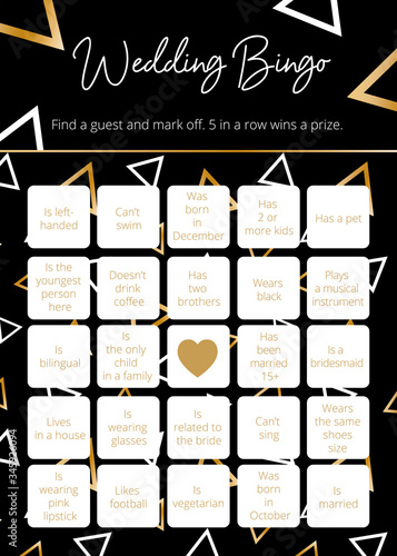 Luxury wedding bingo tickets for fun party. 5 in row game for guests. Elegant easy printable vector templates: 10*14 in