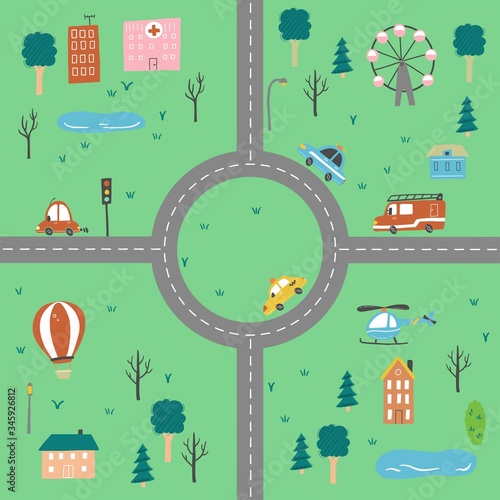 Cartoon cute kids map with car, road, city landscape elements. Cars, building, road of hand drawn, children toy style. Vector illustration.