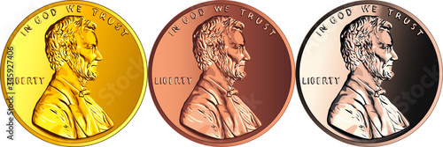 Set of coins made of different metal, USA money one cent or penny, Lincoln cent coin with President Abraham Lincoln on obverse