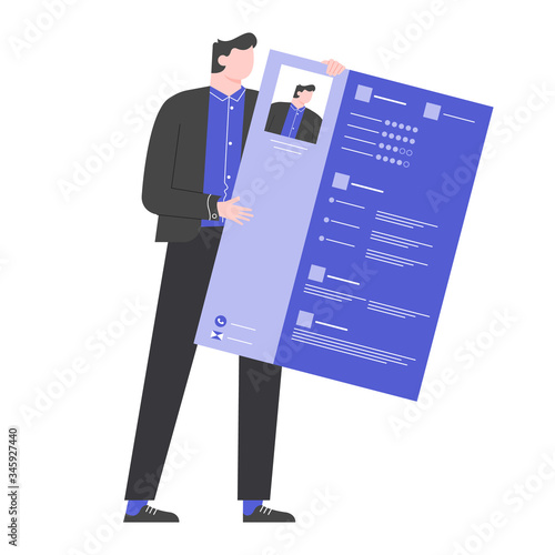 Man in a business suit holds a CV in his hands. Job search, unemployment and recruiting. Vector flat illustration.
