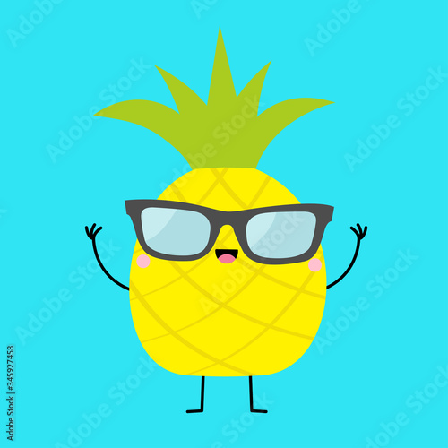 Pineapple fruit icon leaf wearing glasses. Hands up, legs. Cute cartoon kawaii smiling funny baby character. Sunglasses. Hello summer. Greeting Card. Flat design. Blue background. Isolated.