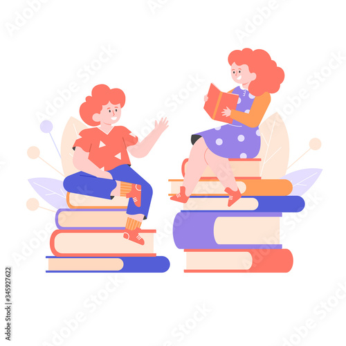 Children are sitting on stacks of books. Education and hobbies, development of imagination. A girl reads, a boy tells a story. Vector flat illustration with characters.