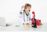 young doctor screams into headphones during a telephone conversation