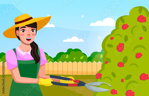 Portrait of young long-haired brunette woman in hat, uniform holding secateurs cutting rose bushes in the garden. Cartoon vector character working in the garden. Cute female gardener at sky background