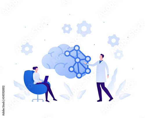 Neurology science and psychology research concept. Vector flat person illustration. Woman with laptop sit in chair. Doctor with brain network interface sign. Design for innovation technology banner.