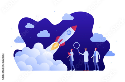 Science and space engineering concept. Vector flat person illustration. Team of male and female engineer watch spacecraft mission launch. Rocket fly in sky. Design for innovation technology banner.
