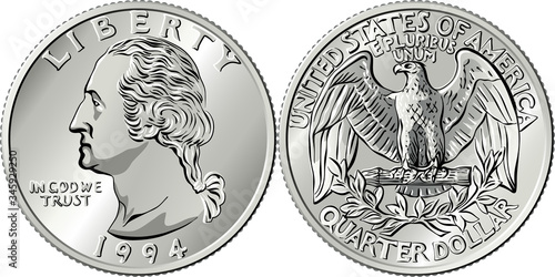 American money, Washington quarter dollar or 25-cent silver coin, first US president George Washington on obverse, Bald eagle on reverse photo